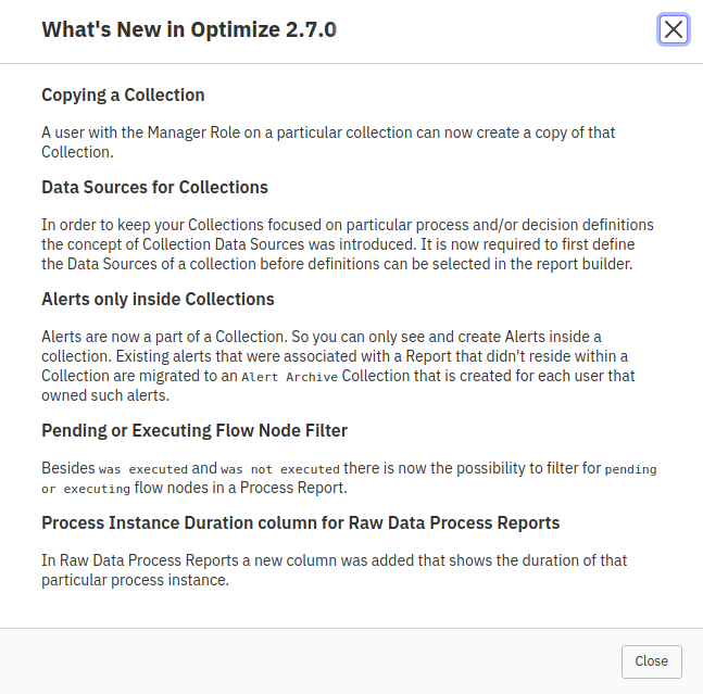 What's new message on first startup of Optimize.