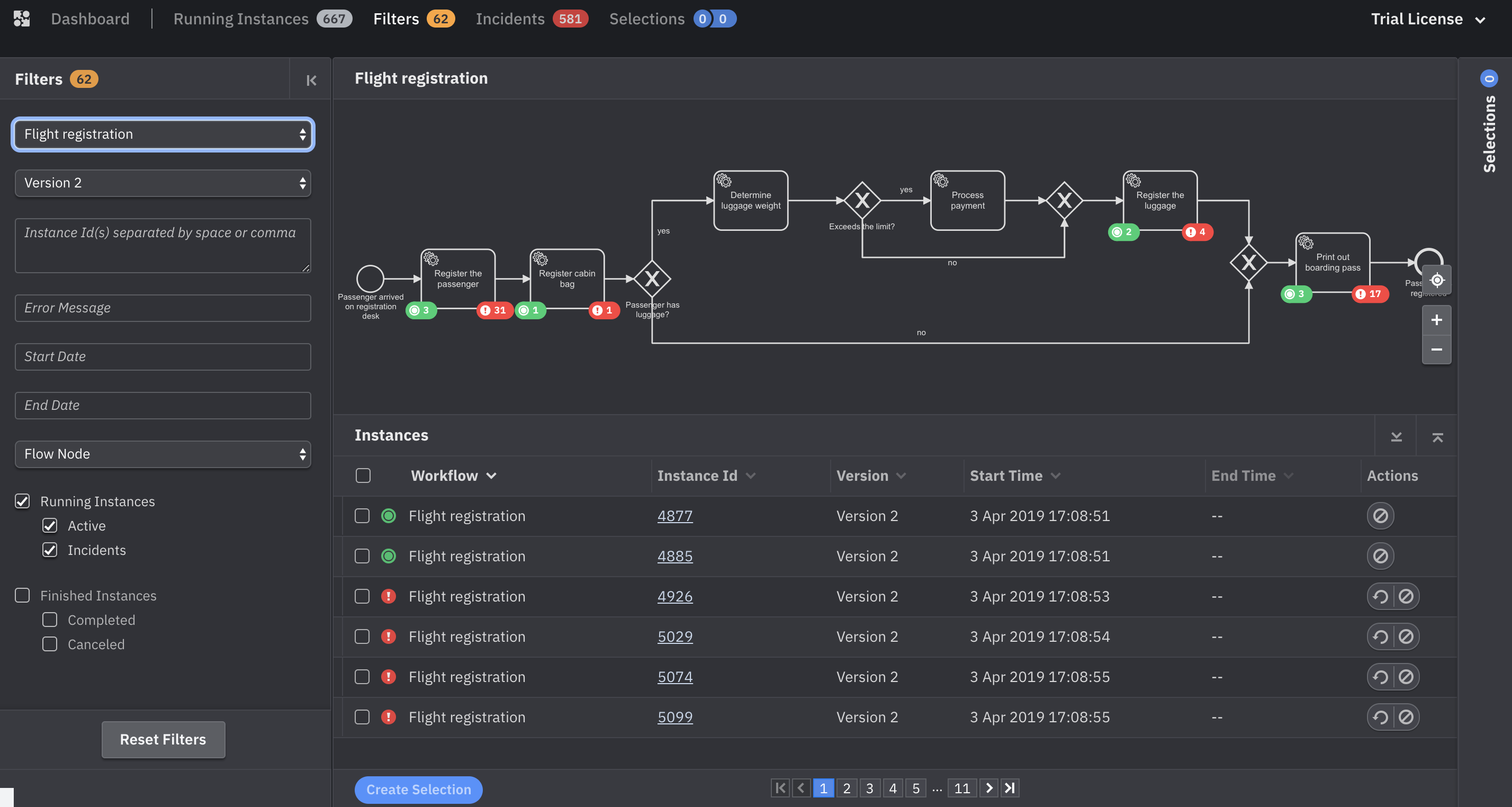 Operate shows all running workflow instances for a given model